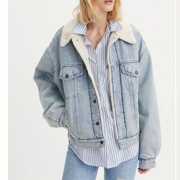 Levi's 90s Cozy Trucker Jacket Sherpa Fleece Lined Denim Womens M - Picture 1 of 10
